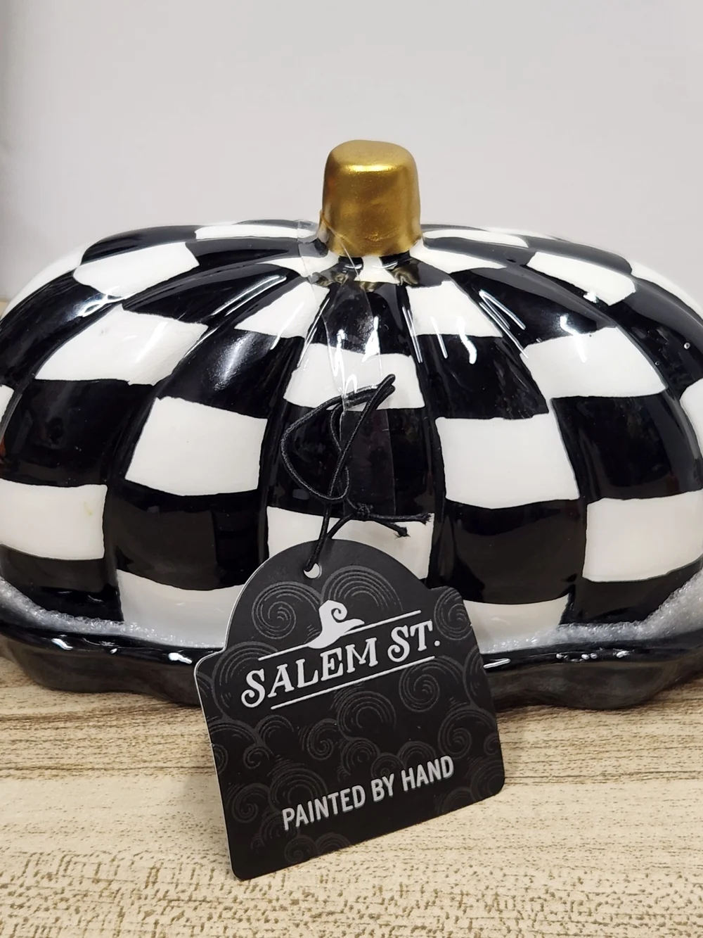 Salem St. Hand-Painted Black & White Check Pumpkin with Gold Stem
